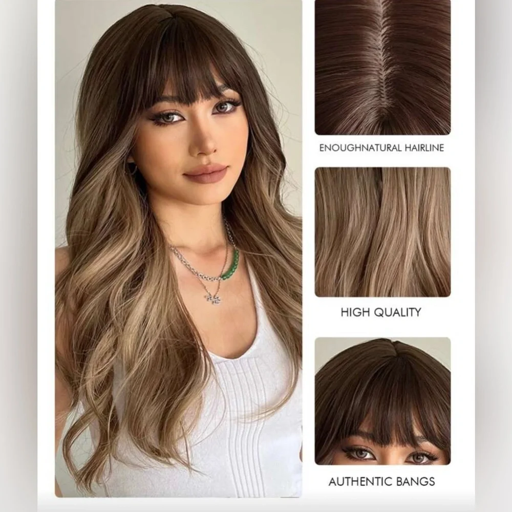 24 Inch. balayage Brown. & Medium ash Blonde Wavy wig with bangs | Natural look
